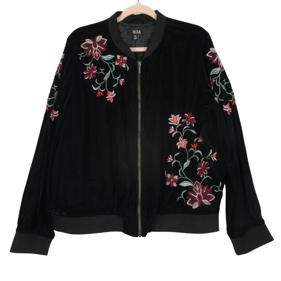 a.n.a. Womens Velvet Jacket XXL Black Full Zip Pockets Rose Embroidery Lined - Picture 1 of 8